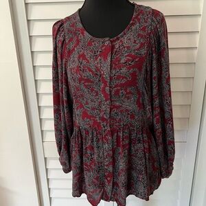 Lucky Brand Red Peplum Blouse Long Sleeve